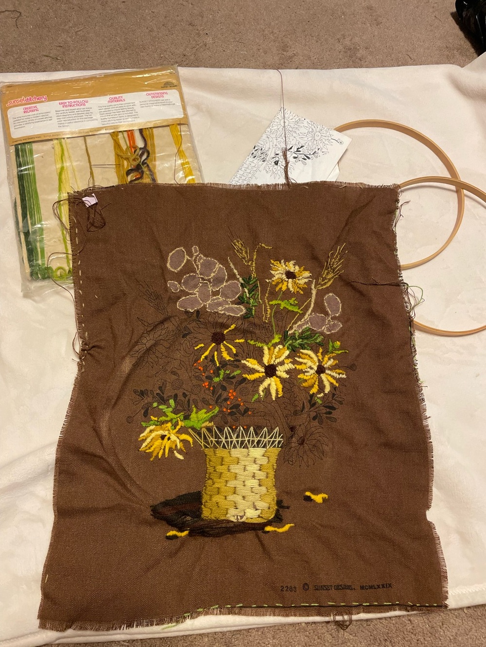 Vintage 1970s Sunset Stitchery kit “Basket of Fall Flowers”